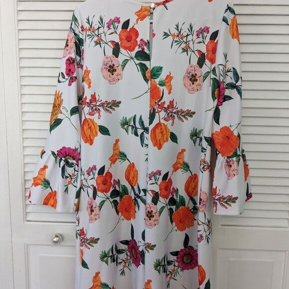 ASOS DESIGN Dress Women's sz 8 Floral Orange Pink Shift Bell Sleeves Zip Stretch - Picture 2 of 10